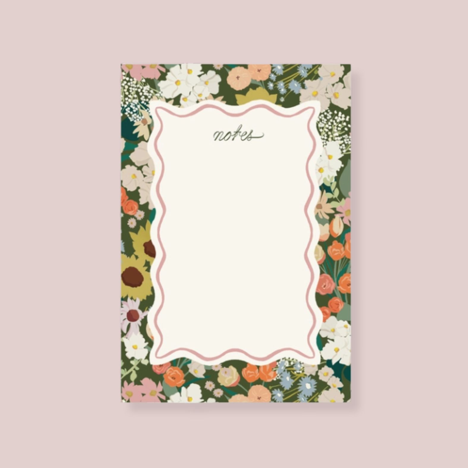 Amy Heitman Flower Market notepad with a cream center writing area framed by a multicolor floral border, shown on a solid pale lavender background | Build A Luxury Custom Gift Box for Women with Luxe & Bloom