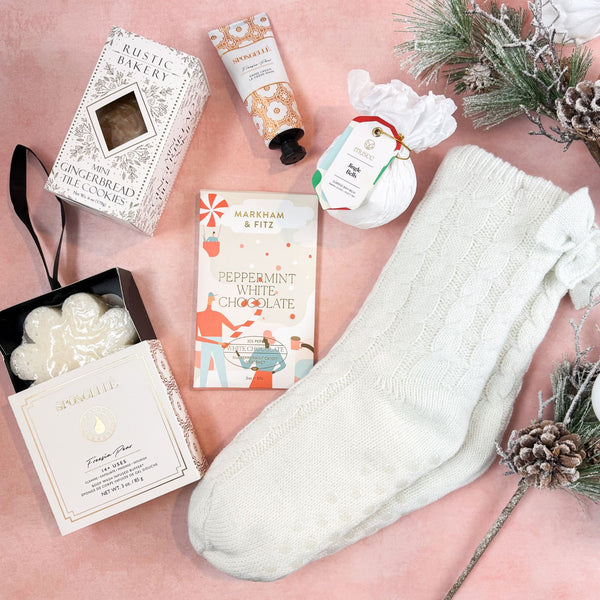 White Christmas Luxury Curated Holiday Gift Box for Her from Luxe & Bloom with white Christmas themed gift items