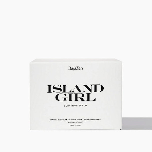 Baja Zen Island Girl body buff scrub packaging on a white background