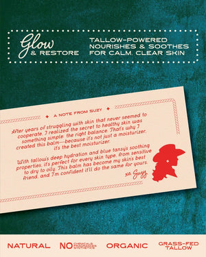 Darlin' Skincare Tallow & Tansy product packaging with a note from Suzy on a textured green background