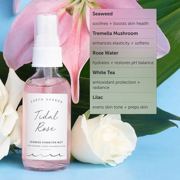 Bottle of Earth Harbor Tidal Rose Seaweed Hydration Mist with floral background and key ingredients listed