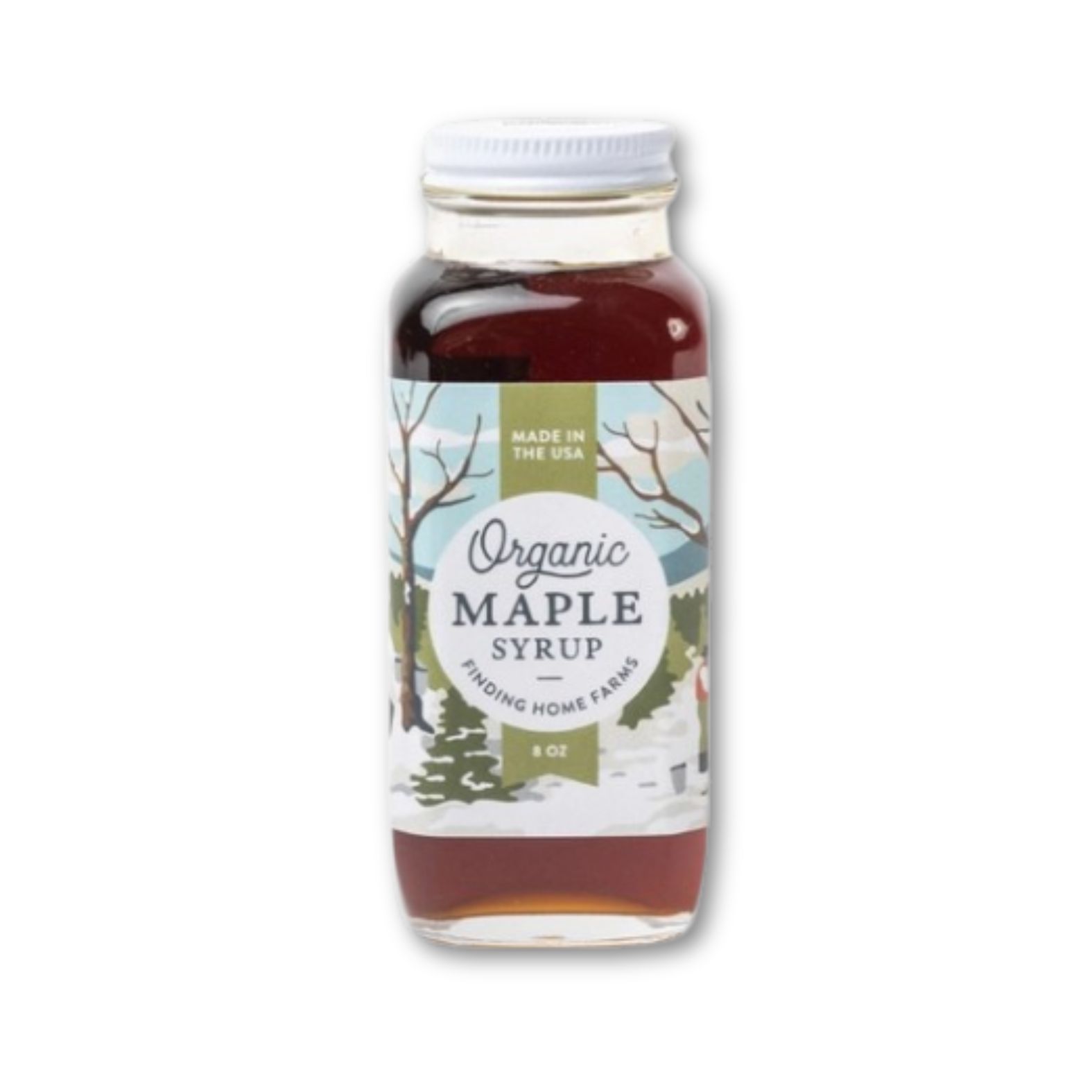 Bottle of Finding Home Farms organic maple syrup in limited edition Holiday bottle with a label on a white background