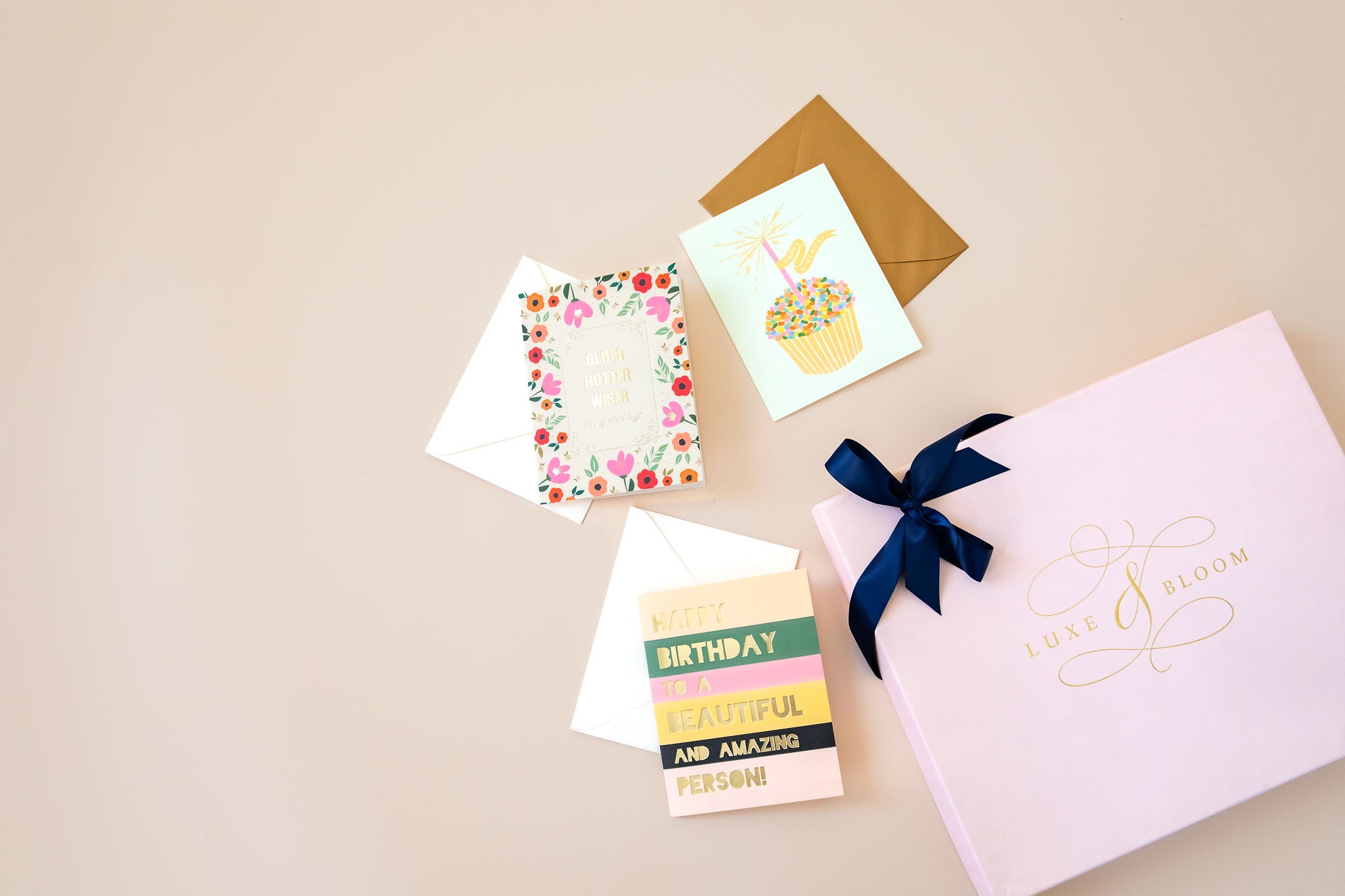 Gift Box With Cards Each of our luxury curated gift boxes come with a hand written card.