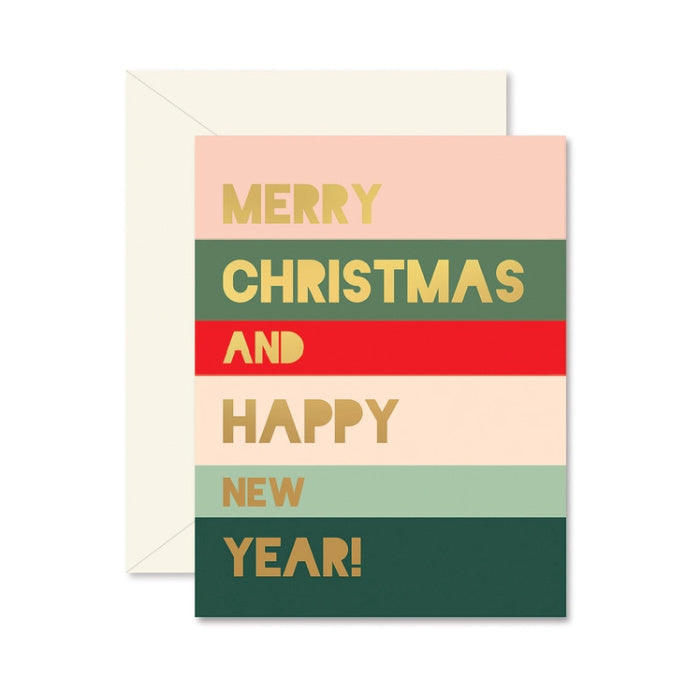 Ginger P. Designs colorblock greeting card with 'Merry Christmas and Happy New Year!' text on a striped background | Build A Luxury Custom Christmas Gift Box with Luxe & Bloom