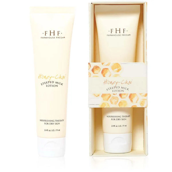 Farmhouse Fresh Honey Chai Steeped Milk Lotion with packaging on a white background