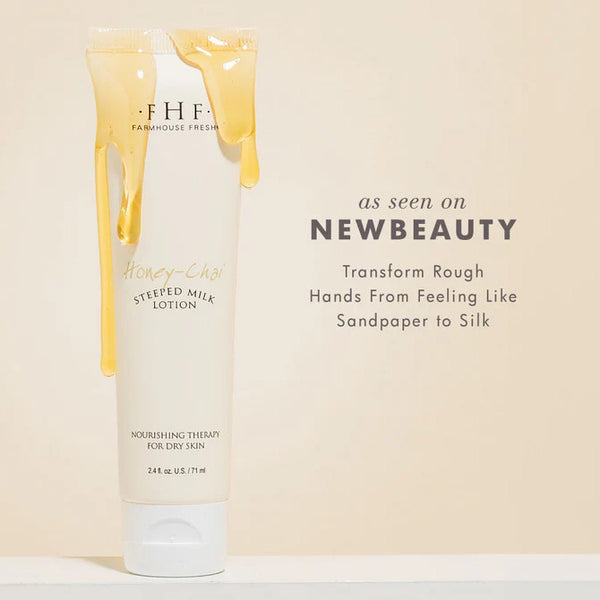 Farmhouse Fresh honey lotion bottle on a beige background with text about its benefits.
