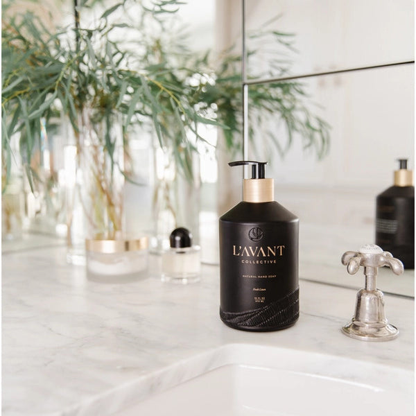 L'AVANT Collective Fresh Linen Hand Soap On Bathroom Counter | Build A Luxury Custom Gift Box for Women with Luxe & Bloom