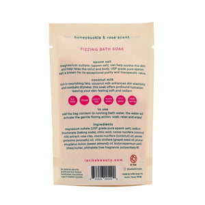 Latika Beauty Howdy Honeysuckle & Rose Scent Fizzing Bath Soak packaging back on a white background