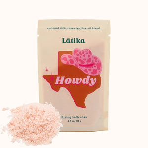 Latika Beauty Howdy fizzing bath soak packaging with a Texas map and cowboy hat design on a white background.