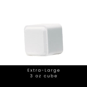 White shower steamer cube with text 'Extra-Large 3 oz cube' on a white background