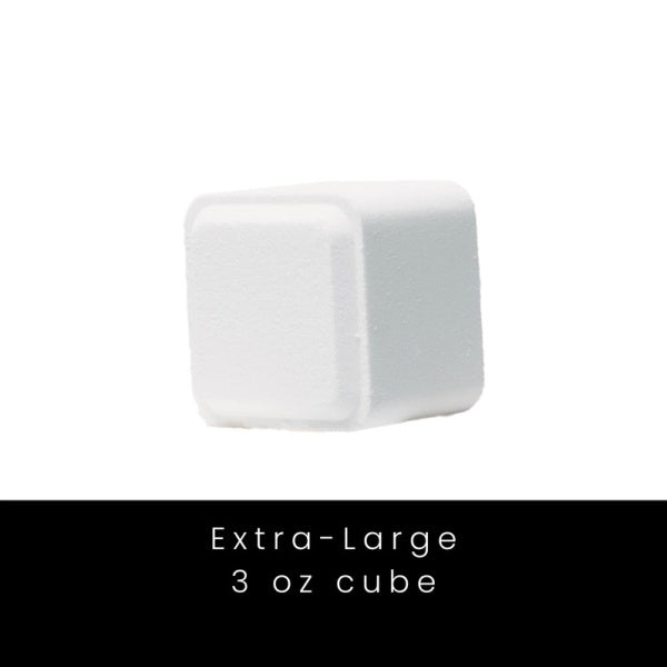 White shower steamer cube with text 'Extra-Large 3 oz cube' on a white background