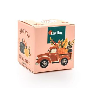 Latika Happy Fall Y'all shower steamer packaging with a vintage truck and autumn-themed design on a white background