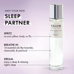 Neom sleep mist bottle with product description on a light purple background
