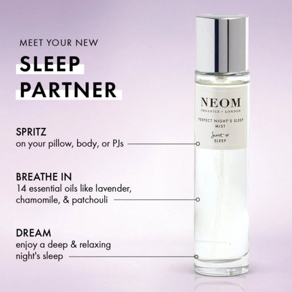 Neom sleep mist bottle with product description on a light purple background