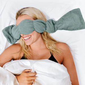 Woman Wearing Nodpod Sage Weighted Eye Mask | Build A Luxury Custom Gift Box for Women with Luxe & Bloom