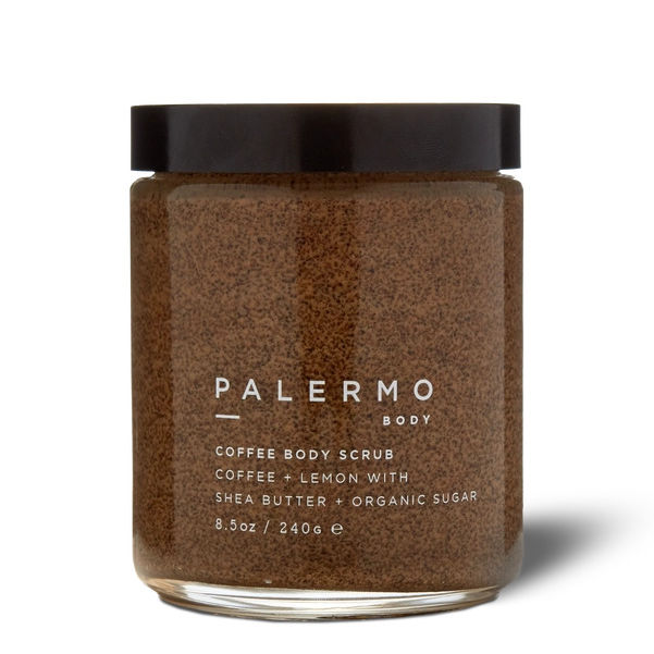 Jar of Palermo Body coffee body scrub on a white background | Build A Luxury Custom Gift Box for Women with Luxe & Bloom