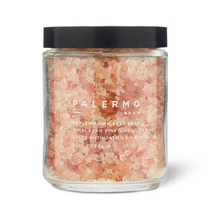 Jar of Palermo Body replenishing salt soak with a black lid on a white background | Build A Luxury Custom Gift Box for Women with Luxe & Bloom