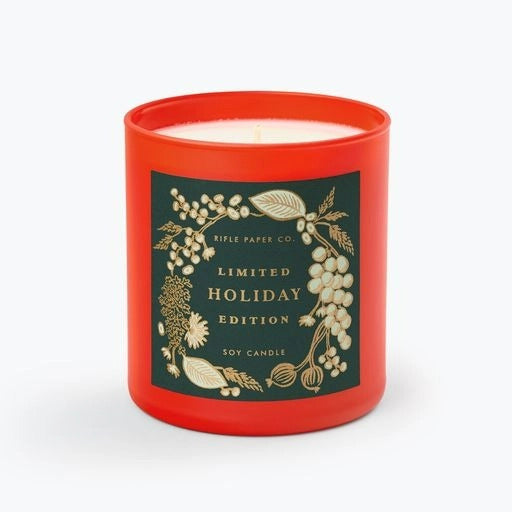Rifle Paper Co. Limited Edition Holiday Candle with decorative box on white background | Build A Luxury Custom Christmas Gift Box with Luxe & Bloom
