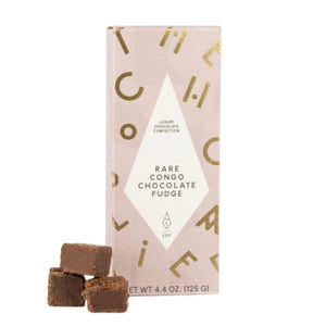 Box of Rare Congo Chocolate Fudge from The Chocolatier with fudge pieces on a white background | Build A Luxury Custom Gift Box with Luxe & Bloom
