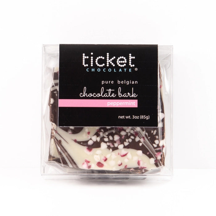 Packaged chocolate bark with 'ticket chocolate' label on a white background