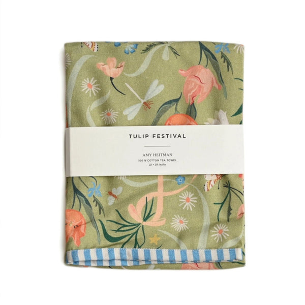 Amy Heitman Tulip Festival floral patterned tea towel with 'Tulip Festival' label on a white background  | Build A Luxury Custom Gift Box for Women with Luxe & Bloom