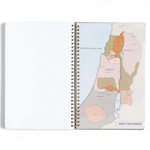 Open Church Notes notebook with a map of the New Testament regions on the cover