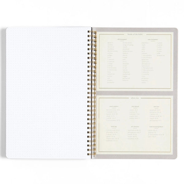 Open Church Notes Notebook with Books of the Bible and a list of verses for when you need comfort, feel afraid, feel lost, need joy, are anxious or need encouragement 