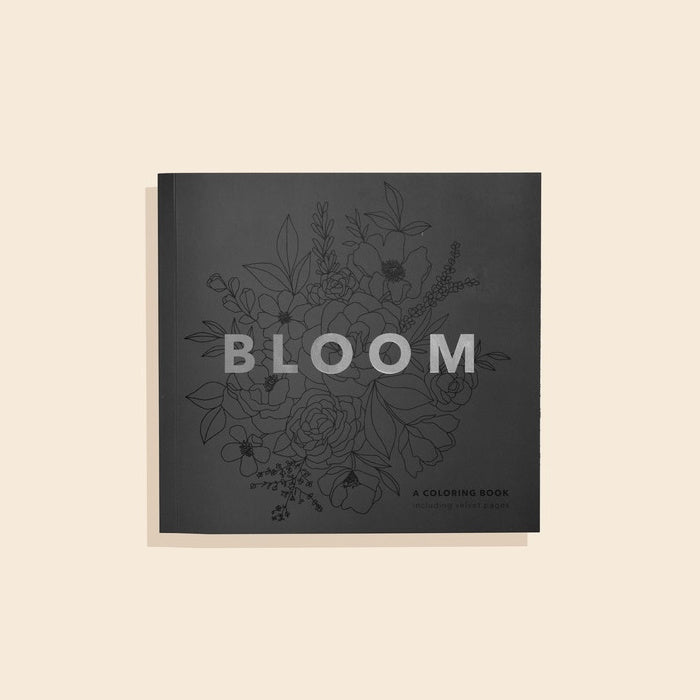 Coloring book titled 'Bloom' with floral illustrations on a beige background