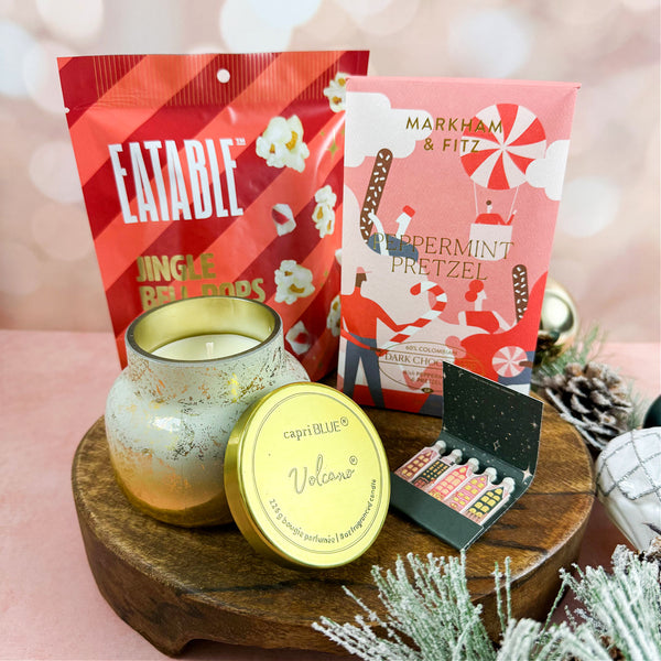 Comfort & Joy Luxury Curated Christmas Gift Box with Eatable Jingle Bell Pops Popcorn, Markham & Fitz Peppermint Pretzel Chocolate Bar, Capri Blue Volcano Glimmer Candle, and Wintry Village Printed Matchbook 