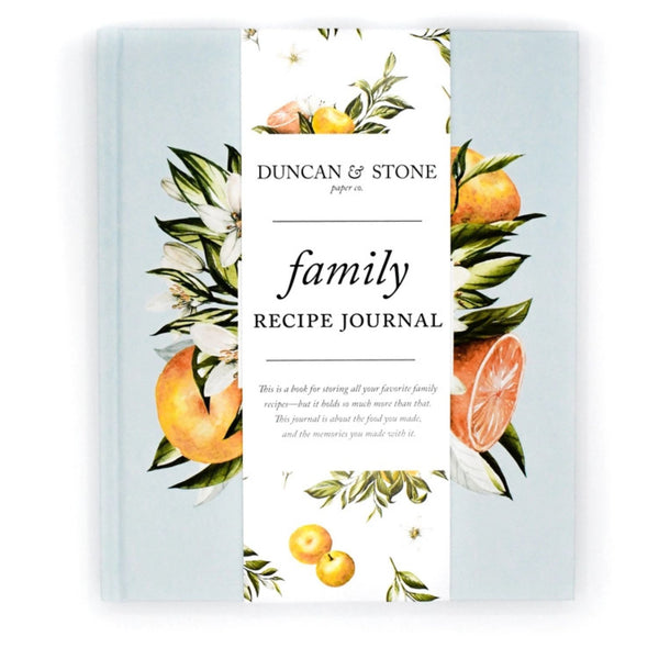 Duncan & Stone Hardcover Citrus Family Recipe Journal with a light blue cover with oranges, flowers and leaves on a white background | Build A Luxury Custom Gift Box for Women with Luxe & Bloom