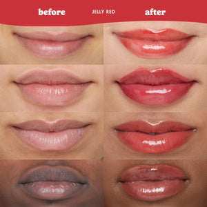 Eight close-up lip swatches arranged in a 2x4 grid, each showing lips labeled 'before' on the left and 'after' on the right, with cherry tart smoothie lip treatment. The image demonstrates a glossy lip color transformation on different skin tones.