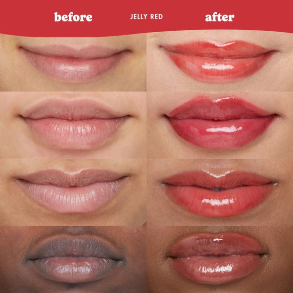 Eight close-up lip swatches arranged in a 2x4 grid, each showing lips labeled 'before' on the left and 'after' on the right, with cherry tart smoothie lip treatment. The image demonstrates a glossy lip color transformation on different skin tones.