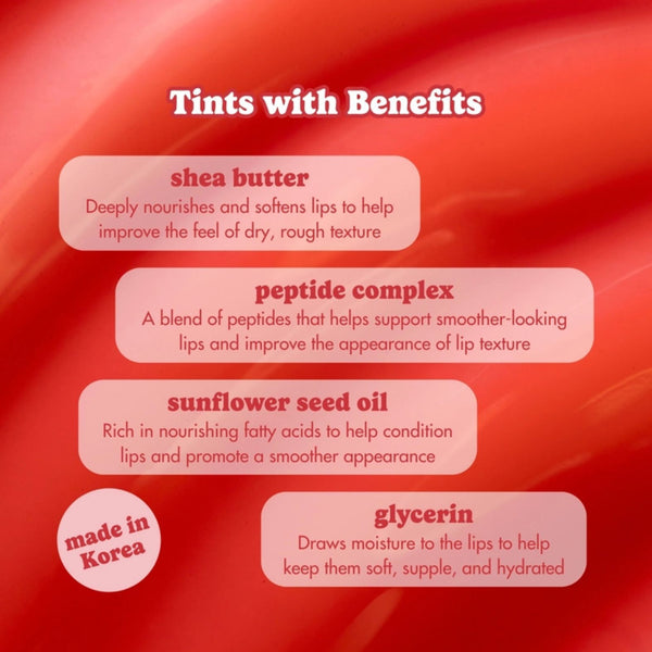 List of cherry tart smoothie lip treatment benefits with shea butter, peptide complex, sunflower seed oil, and glycerin on a red background.