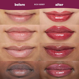 Four close-up lip before-and-after comparison panels showing a glossy berry-toned lip product on different skin tones. The top banner reads 'before', 'RICH BERRY', and 'after' on a dark magenta background.