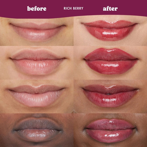 Four close-up lip before-and-after comparison panels showing a glossy berry-toned lip product on different skin tones. The top banner reads 'before', 'RICH BERRY', and 'after' on a dark magenta background.