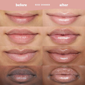 Eight close-up lip comparison panels labeled 'before' and 'after' with the text 'ROSE SHIMMER' at the top, showing a glossy rose-toned lip color effect on different skin tones.