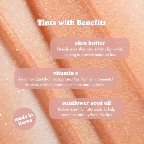 ESW Beauty Rose Sugar Lip treatment benefits with shea butter, vitamin E, and sunflower seed oil on a textured background