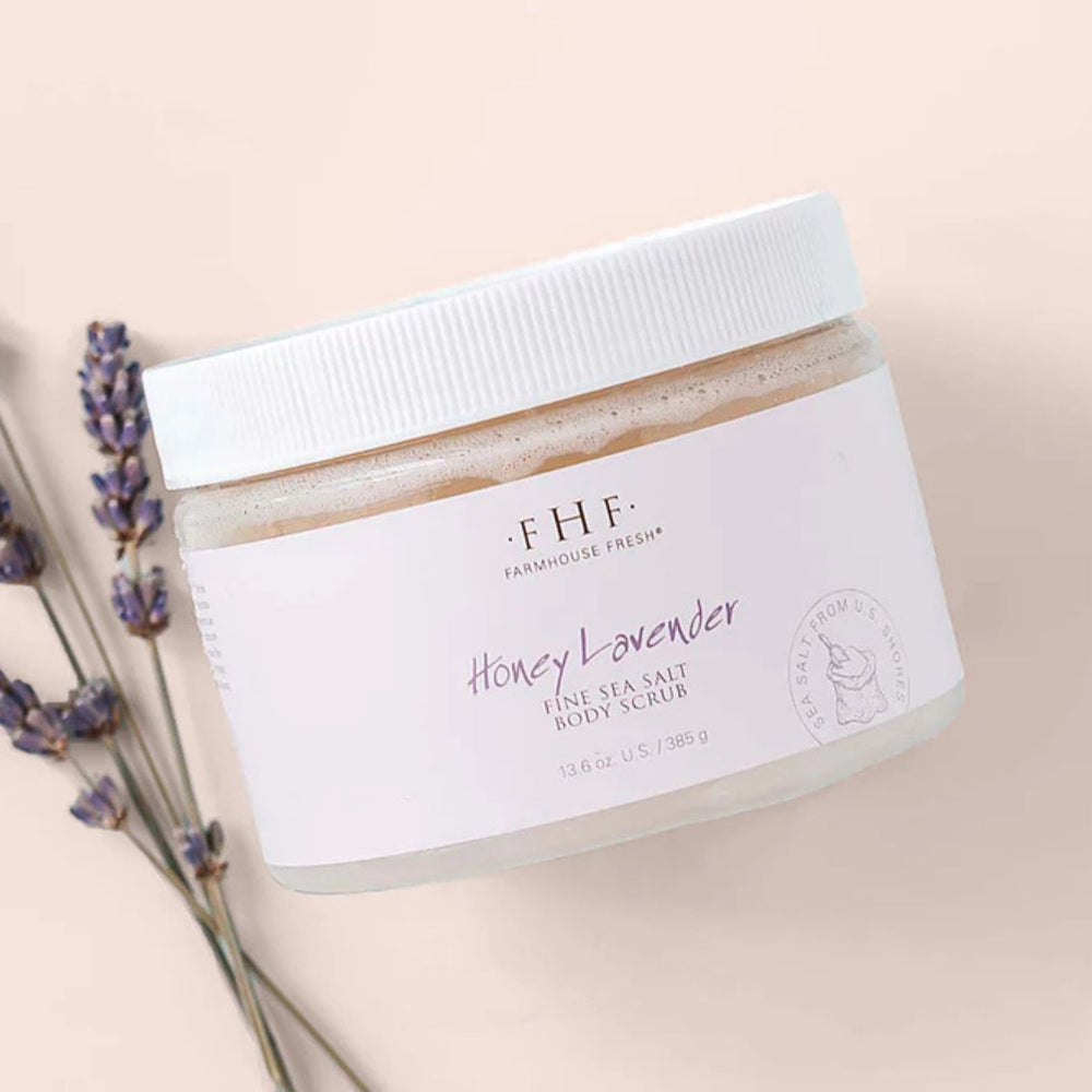 Farmhouse Fresh Honey Lavender Fine Sea Salt Body Polish with lavender flowers on a beige background | Build A Luxury Custom Gift Box for Women with Luxe & Bloom