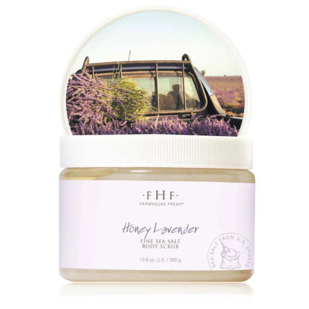 Farmhouse Fresh Honey Lavender Fine Sea Salt Body Polish with lavender flowers on a beige background | Build A Luxury Custom Gift Box for Women with Luxe & Bloom