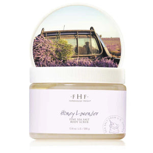 Jar of Farmhouse Fresh Honey Lavender body scrub with lavender field design on the lid |  Build A Luxury Custom Gift Box for Women with Luxe & Bloom