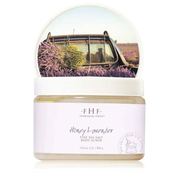 Jar of Farmhouse Fresh Honey Lavender body scrub with lavender field design on the lid |  Build A Luxury Custom Gift Box for Women with Luxe & Bloom