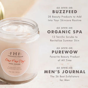 Jar of Farmhouse Fresh One Fine Day® Flawless Face Polish with text about where it has been featured | Build A Luxury Custom Gift Box for Women with Luxe & Bloom