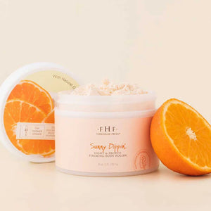 Farmhouse Fresh Sunny Dippin' foaming body polish with oranges on a beige background | Build A Luxury Custom Gift Box for Women from Luxe & Bloom