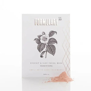 FORMULARY 55 Rosehip & Clay Facial Mask package in white with a black botanical illustration, shown on a white background with a small pile of pinkish clay powder in front.