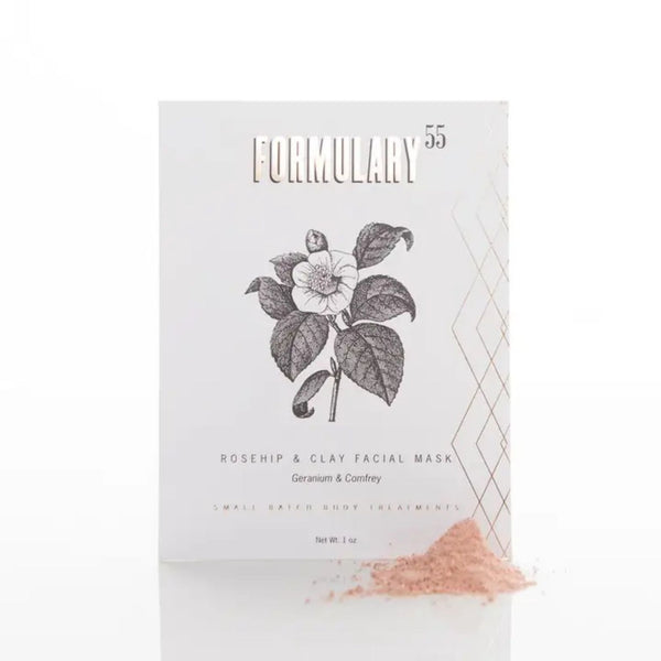 FORMULARY 55 Rosehip & Clay Facial Mask package in white with a black botanical illustration, shown on a white background with a small pile of pinkish clay powder in front.