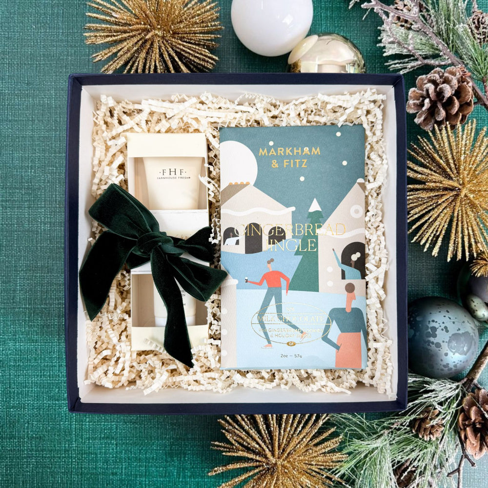 Our Holiday Petite Treat Luxury Curated Christmas Gift Box for Women Includes Farmhouse Fresh Honey-Chai Steeped Milk Lotion & Markham & Fitz Gingerbread Jingle Chocolate Bar