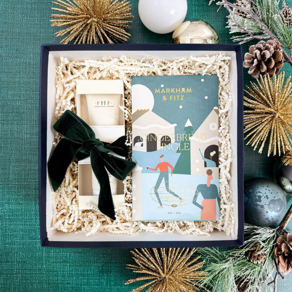 Our Holiday Petite Treat Luxury Curated Christmas Gift Box for Women Includes Farmhouse Fresh Honey-Chai Steeped Milk Lotion & Markham & Fitz Gingerbread Jingle Chocolate Bar