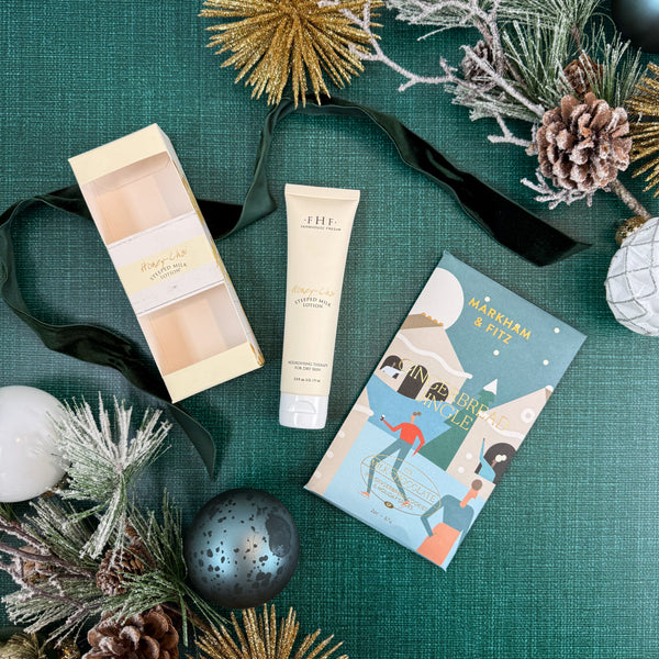 Holiday Petite Treat Luxury Curated Christmas Gift Box for Women | Includes Farmhouse Fresh Honey-Chai Steeped Milk Lotion and Markham & Fitz Gingerbread Jingle Chocolate Bar