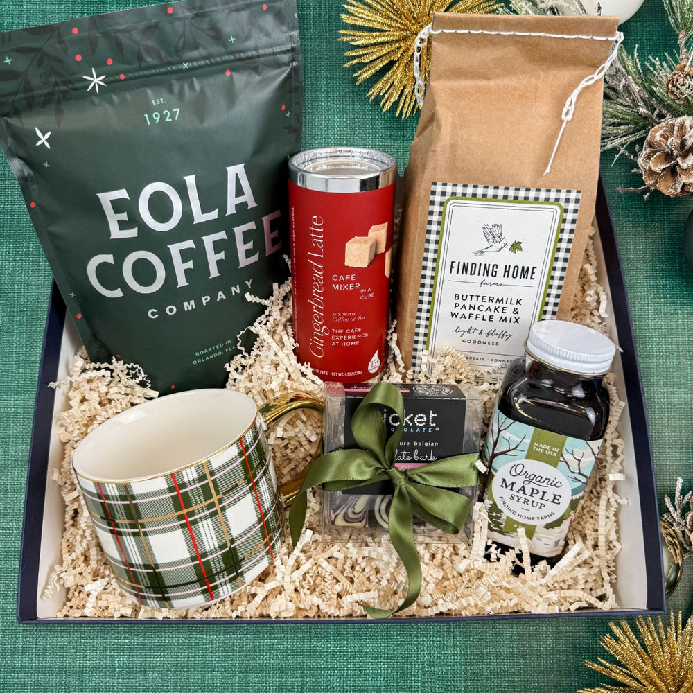 Home For The Holidays Luxury Curated Gift Box for Christmas Morning - Breakfast Theme Gift with Gourmet Coffee, Pancake Mix & Syrup, and other treats