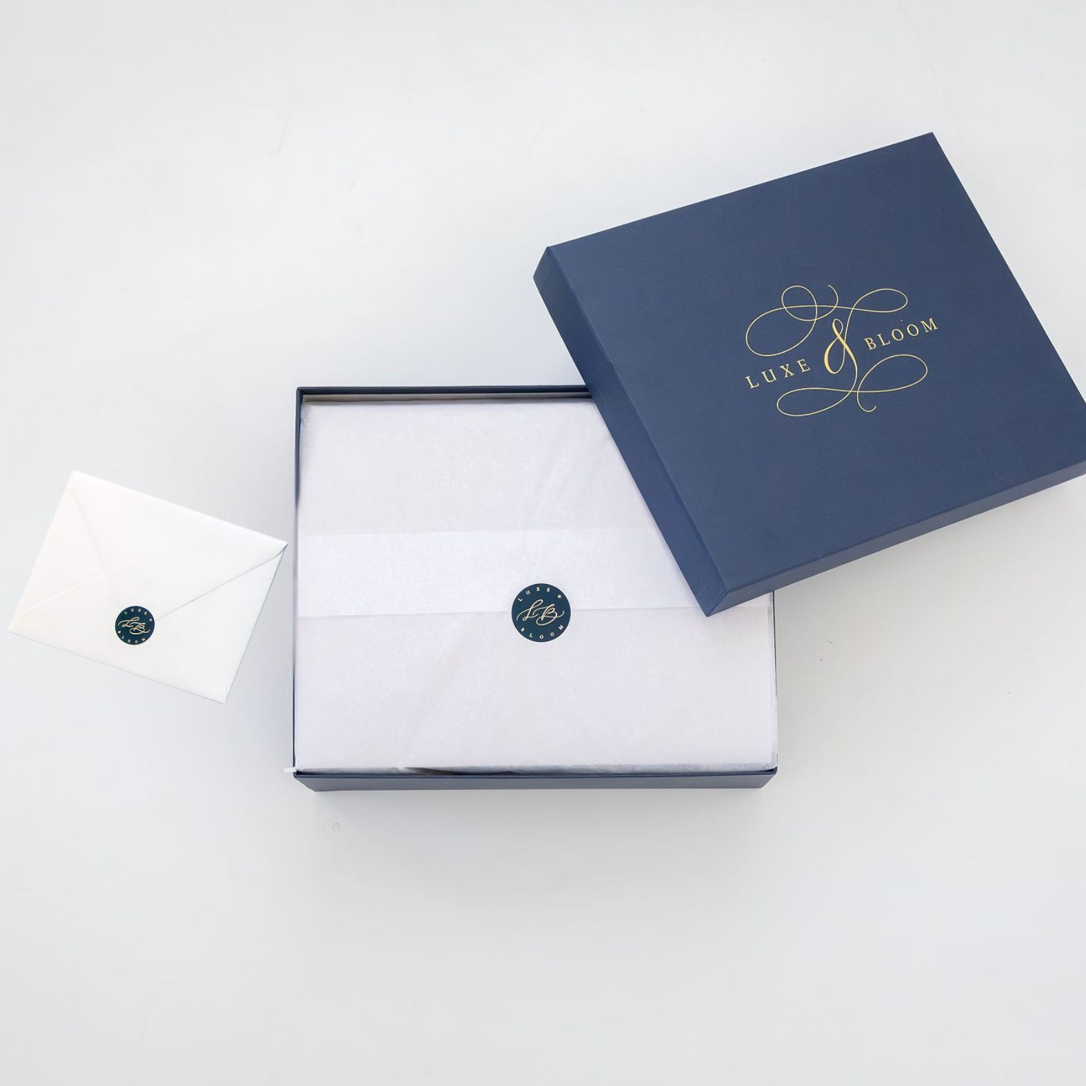 Open Large Navy Luxury Gift Box with Interior Wrapping and Card from Luxe & Bloom